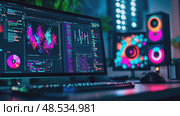 Neon-lit workspace with vibrant computer screens displaying code, data streams and graphs. A programmer's digital realm showcasing modern tech and automation. Стоковое AI-видео, аниматор Данила Большаков / Фотобанк Лори