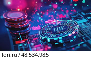 Cyberpunk interface or circuitry with glowing neon accents showcasing futuristic tech, AI, and digital innovation. Стоковое AI-видео, аниматор Данила Большаков / Фотобанк Лори