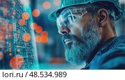 Engineers inspect futuristic interfaces, circuitry displays, and virtual blueprints, showcasing technology, innovation, and expertise in industrial settings. Стоковое AI-видео, аниматор Данила Большаков / Фотобанк Лори