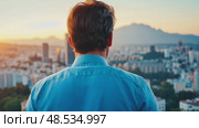Contemplative man gazes at a cityscape during sunset, embodying themes of hope, ambition and solitude. Стоковое AI-видео, аниматор Данила Большаков / Фотобанк Лори