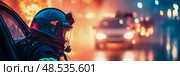 Firefighters Gaze: Heroic Responder Amidst Inferno and City Lights, Mission of Valor. Стоковое AI-изображение, AI-художник Данила Большаков / Фотобанк Лори