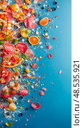 Pizza Ingredients Explosion: A culinary still life, vibrant scattering of toppings on bright turquoise. Стоковое AI-изображение, AI-художник Данила Большаков / Фотобанк Лори