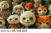 Multiple stuffed animals of various colors and sizes sitting closely next to each other in a row. Стоковое AI-изображение, AI-художник Данила Большаков / Фотобанк Лори