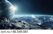 A breathtaking view of the Earth rising above the moons horizon, illuminating the lunar mountains and craters. Стоковое AI-изображение, AI-художник Данила Большаков / Фотобанк Лори