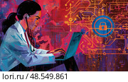 A woman in professional attire focuses on her laptop, surrounded by symbols of cybersecurity and technology, in a digitalized, urban backdrop. Стоковое AI-изображение, AI-художник Данила Большаков / Фотобанк Лори