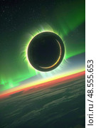 Solar eclipse occurring as the moon passes between the sun and the earth, casting a shadow over the planet. Стоковое AI-изображение, AI-художник Данила Большаков / Фотобанк Лори