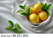 Fresh Lemons Arranged in a Bowl With Green Leaves on a Soft Cloth. Стоковое AI-изображение, AI-художник Юлия Гапеенко / Фотобанк Лори