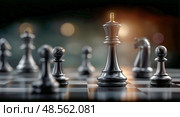 Strategic Chess Match Featuring Silver and Black Pieces in an Intense Atmosphere. Стоковое AI-изображение, AI-художник Юлия Гапеенко / Фотобанк Лори