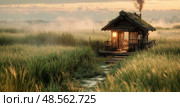 Tranquil Evening Light Bathes a Rustic Cabin by the Marshland at Dusk. Стоковое AI-изображение, AI-художник Юлия Гапеенко / Фотобанк Лори
