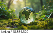Globe is sitting on a patch of moss in a forest. Стоковое AI-видео, аниматор Sergey Grishin / Фотобанк Лори