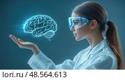 A female scientist in a lab coat and goggles observes a holographic representation of a brain with fascination and curiosity. Стоковое AI-изображение, AI-художник Данила Большаков / Фотобанк Лори
