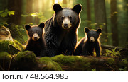 nature black bear with cubs ai generated. Стоковое AI-изображение, AI-художник Vectorwin / Фотобанк Лори