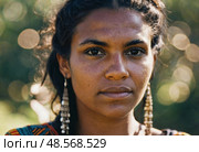 This striking portrait features a young Aboriginal Australian woman with deep, expressive eyes, highlighting her cultural identity and connection to the land around her Generative AI. Стоковое AI-изображение, AI-художник Юлия Петровская / Фотобанк Лори