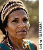 A proud Aboriginal Australian woman embodies strength and heritage, adorned with traditional jewelry as sunlight gently illuminates her face in a natural setting Generative AI. Стоковое AI-изображение, AI-художник Юлия Петровская / Фотобанк Лори