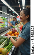 A customer smiling at cashier during checkout, grocery items arranged on conveyor belt, soft overhead lighting creating comfortable atmosphere. Стоковое AI-видео, аниматор Sergey Grishin / Фотобанк Лори