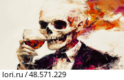 Memento Mori: A skeletal figure in formal attire sips from a wine goblet, evoking thoughts of mortality and transience through painterly strokes. Стоковое AI-изображение, AI-художник Данила Большаков / Фотобанк Лори