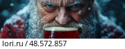 Winter Solstice Cheer: Santa Claus enjoys a Brew in the Snowy Wilderness, a Christmas Holiday Card. Стоковое AI-изображение, AI-художник Данила Большаков / Фотобанк Лори