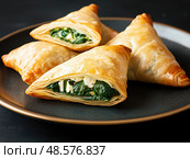 Spinach and feta stuffed spanakopita. Стоковое AI-изображение, AI-художник Татьяна  Бральнина / Фотобанк Лори