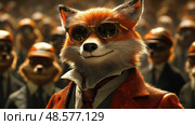 A sophisticated fox wearing sunglasses and a suit confidently leads a gathering of similarly attired animal companions in an urban setting. Стоковое AI-изображение, AI-художник Данила Большаков / Фотобанк Лори