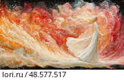 A graceful figure in a white dress strides through dynamic, colorful waves, merging elements of fire and water under a cosmic sky. Стоковое AI-изображение, AI-художник Данила Большаков / Фотобанк Лори