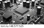 A detailed view of a sophisticated circuit board features numerous capacitors and an integrated circuit, highlighting modern technology. Стоковое AI-изображение, AI-художник Данила Большаков / Фотобанк Лори