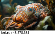 The octopus subtly blends into its surroundings, showcasing unique colors and patterns while navigating through kelp in the deep sea. Стоковое AI-изображение, AI-художник Данила Большаков / Фотобанк Лори