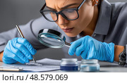 Forensic scientist examining evidence with magnifying glass and pen. Стоковое AI-изображение, AI-художник Юрий Поздников / Фотобанк Лори