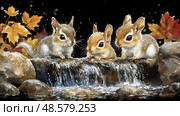 Three cute chipmunks sit near a small waterfall, with vibrant autumn leaves scattered around them, creating a tranquil forest atmosphere. Стоковое AI-изображение, AI-художник Данила Большаков / Фотобанк Лори