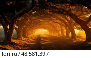 A serene pathway meanders through a forest at sunset, where sunlight filters through the branches, creating a warm, golden atmosphere. Стоковое AI-изображение, AI-художник Данила Большаков / Фотобанк Лори
