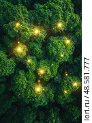 An aerial perspective reveals a dense forest at twilight, with glowing lights illuminating the treetops, creating a magical atmosphere. Стоковое AI-изображение, AI-художник Данила Большаков / Фотобанк Лори