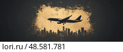 An airplane descends towards a city skyline enveloped in a golden glow from the sunset, creating a stunning silhouette effect. Стоковое AI-изображение, AI-художник Данила Большаков / Фотобанк Лори