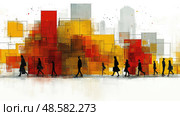 Commuters navigate a busy urban area during autumn, with vibrant abstract colors and shapes reflecting the dynamic city environment. Стоковое AI-изображение, AI-художник Данила Большаков / Фотобанк Лори