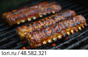 Delicious barbecue ribs are sizzling on a grill, surrounded by the smoky aroma of charcoal on a bright sunny afternoon outdoors. Стоковое AI-изображение, AI-художник Данила Большаков / Фотобанк Лори