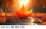 A bright orange maple leaf lies on the forest floor, accompanied by autumn leaves, as ants scurry around in the warm sunlight of fall. Стоковое AI-изображение, AI-художник Данила Большаков / Фотобанк Лори