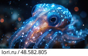 A colorful squid glides effortlessly through the dark ocean depths, its body shimmering with light in the underwater environment. Стоковое AI-изображение, AI-художник Данила Большаков / Фотобанк Лори