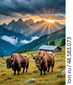 Yak (Cashmere, Mongolian, Tibetan bull) (lat. Bos mutus) is an even-toed ungulate mammal from the genus of true bovines of the Bovidae family. The yak's homeland is Tibet, where it is used as a pack and meat animal. Стоковое AI-изображение, AI-художник Сергей Елизарьев / Фотобанк Лори