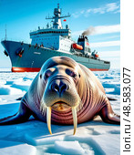 A atomic icebreaker in the Arctic ice. In the foreground, a huge walrus lies on the ice. Стоковое AI-изображение, AI-художник Сергей Елизарьев / Фотобанк Лори