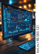 A computer monitor shows complex financial charts and analytics in a dimly lit office, emphasizing data trends and digital insights. Стоковое AI-изображение, AI-художник Данила Большаков / Фотобанк Лори
