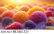 Assorted frozen desserts appear in bright colors, cooled by ice and glistening under warm sunshine, creating an inviting summer atmosphere. Стоковое AI-изображение, AI-художник Данила Большаков / Фотобанк Лори