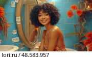 A cheerful young woman poses in a brightly colored bathroom adorned with flowers and uplifting messages, exuding a joyful and positive vibe. Стоковое AI-изображение, AI-художник Данила Большаков / Фотобанк Лори