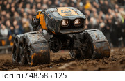 The robotic vehicle maneuvers skillfully through muddy ground at a tech event, captivating an audience with its advanced capabilities and design. Стоковое AI-изображение, AI-художник Данила Большаков / Фотобанк Лори
