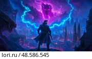 Facing the Tempest: A lone figure braves the electrifying storm above a gothic metropolis, confronting an ominous entity. Стоковое AI-изображение, AI-художник Данила Большаков / Фотобанк Лори