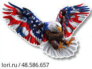 A patriotic eagle with the American flag on its wings. Стоковое AI-изображение, AI-художник Ярославский Максим / Фотобанк Лори