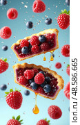 A close up of a raspberry pie with a drizzle of honey. Стоковое AI-изображение, AI-художник Ярославский Максим / Фотобанк Лори