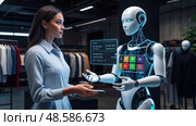 A woman is talking to a robot in a store. Стоковое AI-изображение, AI-художник Ярославский Максим / Фотобанк Лори