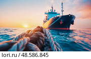 Maritime Adventure: A close up on robust nautical rope securing a majestic vessel during sunset. Стоковое AI-изображение, AI-художник Данила Большаков / Фотобанк Лори