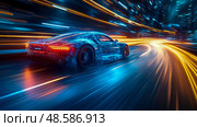 Electric Vehicle Concept: Futuristic Car Speeding Through a Tunnel of Light. Стоковое AI-изображение, AI-художник Данила Большаков / Фотобанк Лори