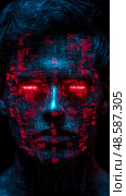 Futuristic AI Interface: Digital Consciousness Portrait with Glowing Red Eyes and Cybernetic Skin Detail. Стоковое AI-изображение, AI-художник Данила Большаков / Фотобанк Лори