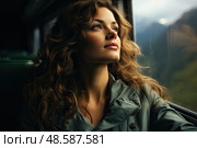 Charming woman indulges in captivating sights outside her train window, immersed in beauty and serenity of passing landscapes. Стоковое AI-изображение, AI-художник Данила Большаков / Фотобанк Лори
