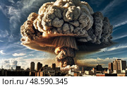 Ядерный взрыв с грибовидным облаком. Nuclear explosion with mushroom cloud. Стоковое AI-изображение, AI-художник Гер Олег / Фотобанк Лори